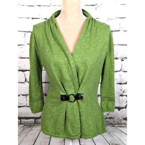 SOFT SURROUNDINGS Linen-Cotton Knit Top Celery Green 3/4 Sleeve Shacket S/M